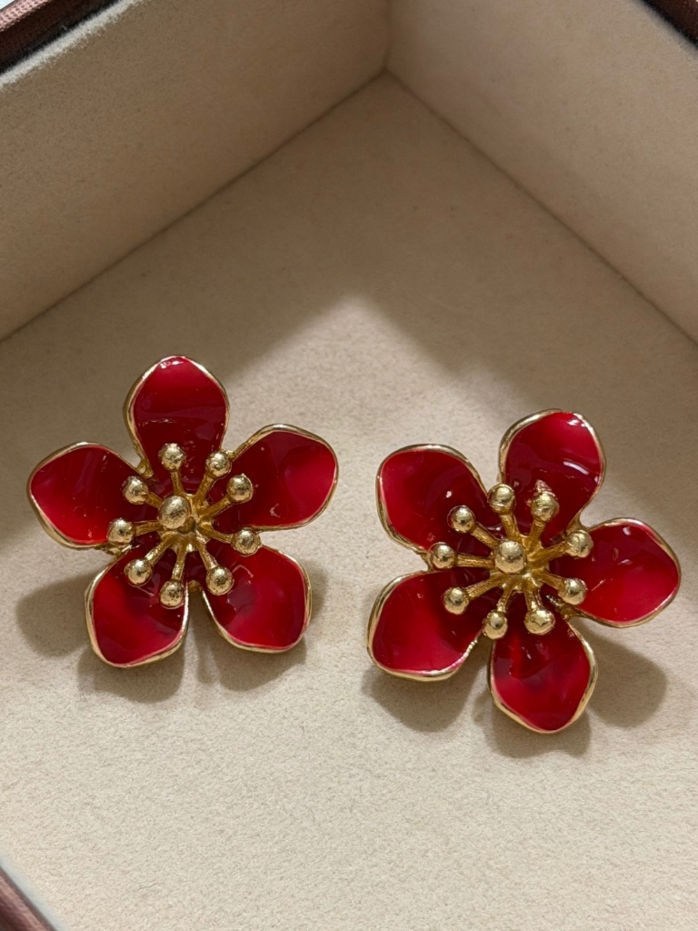 Golden Red Cherry Blossom Flower Enamel Stud Earrings